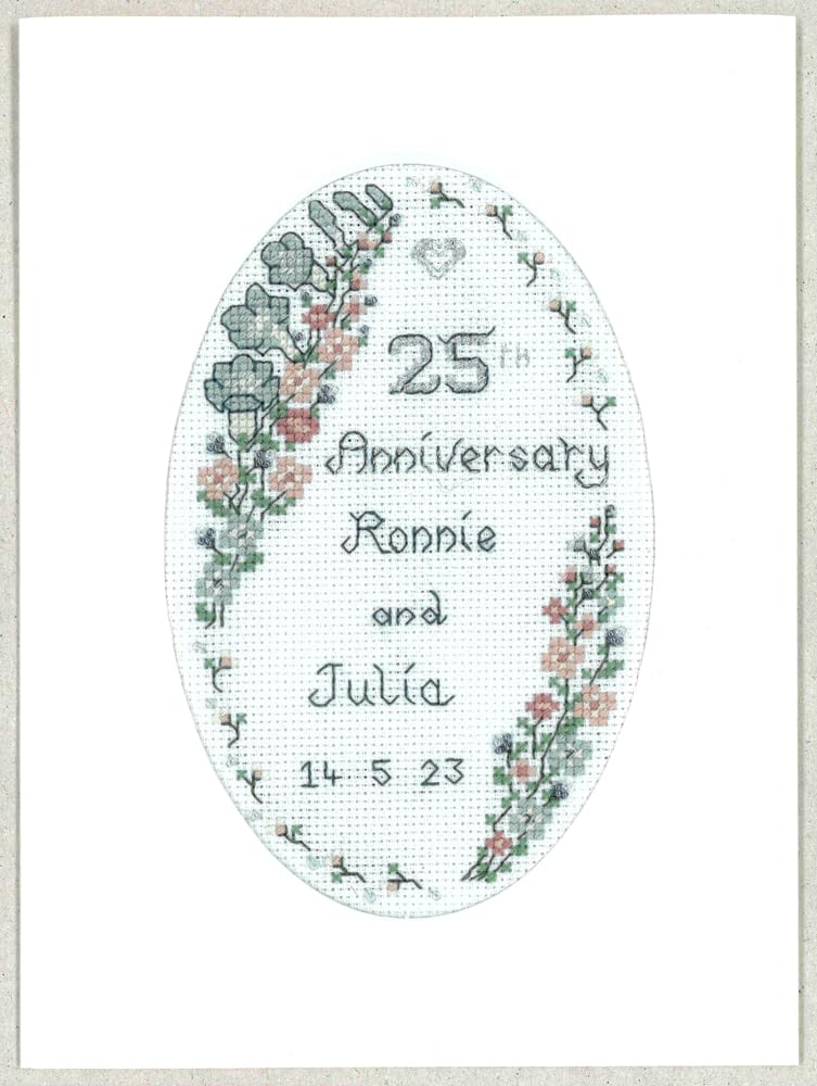 Lifetime Samplers & Decorative Textiles Garland Silver Anniversary Card with Luxurious Detail and Beads - Complete Cross Stitch kit on 16 aida