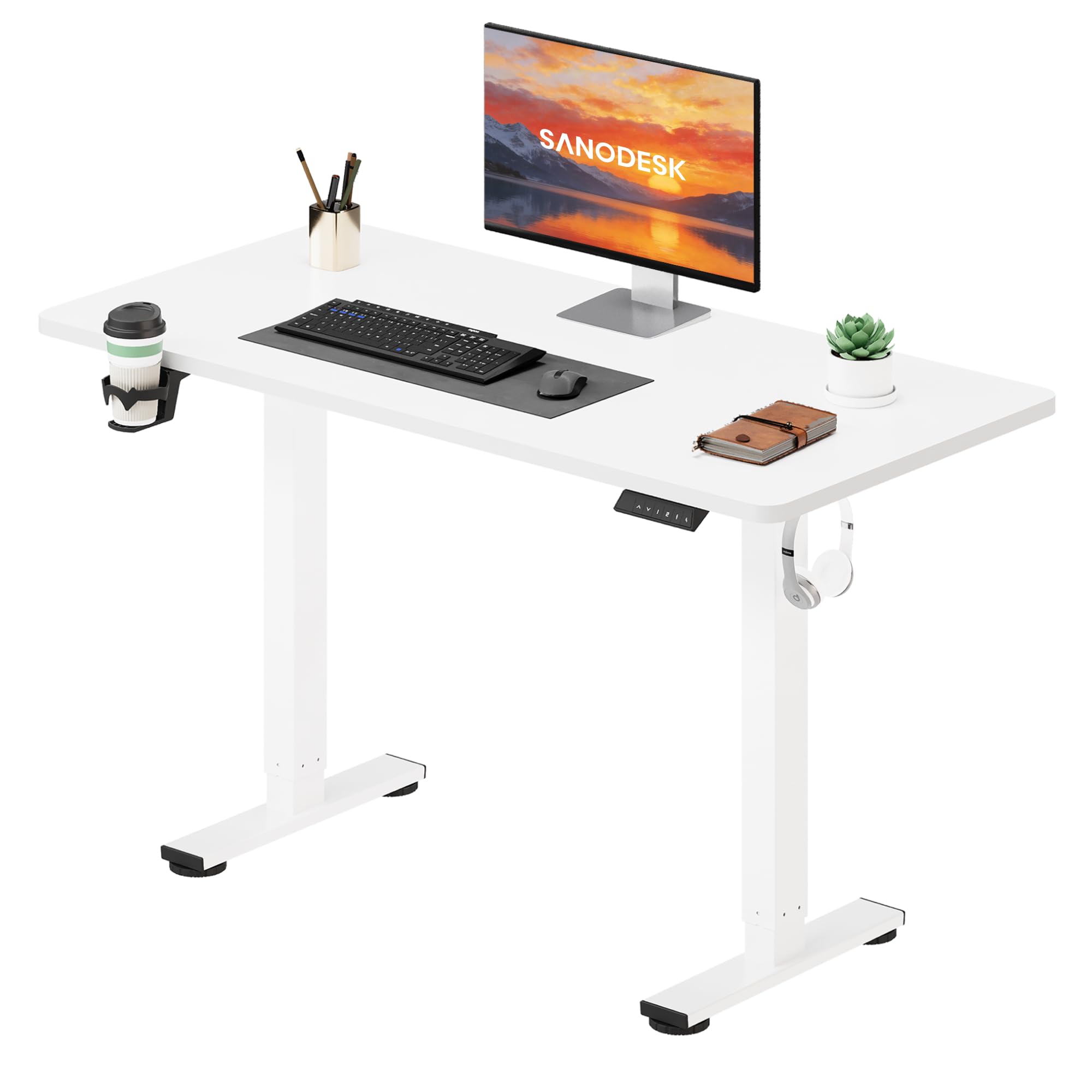 SANODESK Electric Standing Desk ONE PIECE 110 * 54 Height Adjustable Desk With Memory Smart Panel Sit Stand Table With for Home Office (White Frame+ White Desktop)