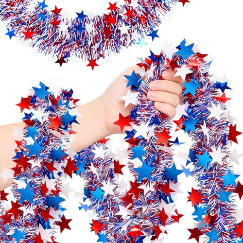 50 Ft Patriotic Glitter Tinsel Garland Decoration,4th of July Garland Decor for Car Tree Golf Cart Parade Float Bike,Independence Day Memorial Day Home Holiday Party Decor,Red White Blue