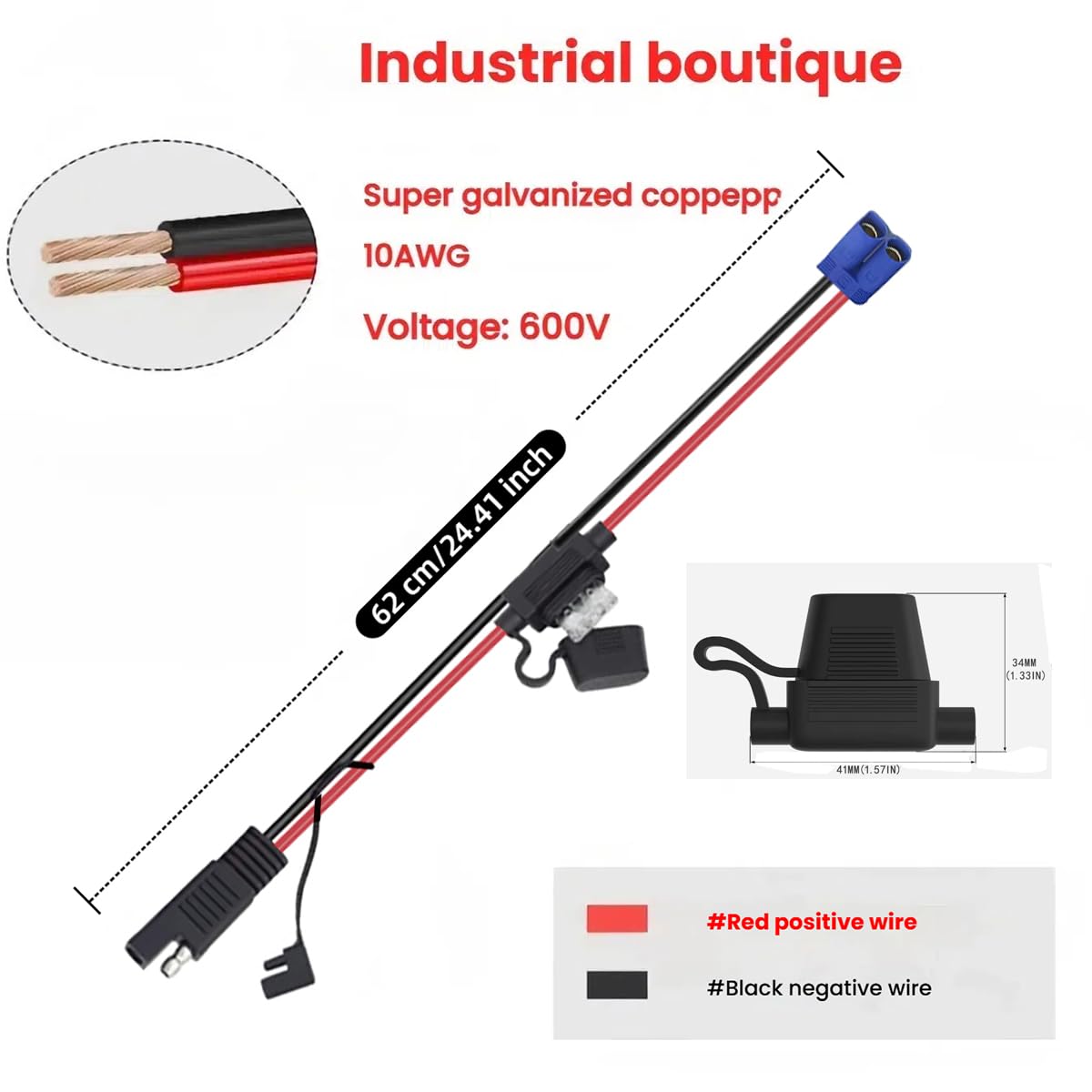 Cavo di prolunga connettore SAE a EC5 da 10 AWG, con fusibile di protezione da 15 A per la sicurezza, adattatore SAE EC5, cavo per pannello solare per generatore solare centrale elettrica
