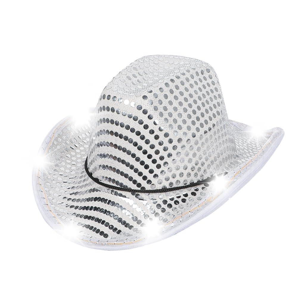 LED Lights Cowboy Hat Men Women Western Sparkly Cowgirl Hat Disco Rodeo Hat Fancy Dress Dance Party Hat Glitter Light Up Hat Novelty Fedora Trilby Hat for Halloween Christmas Birthday Wedding Party