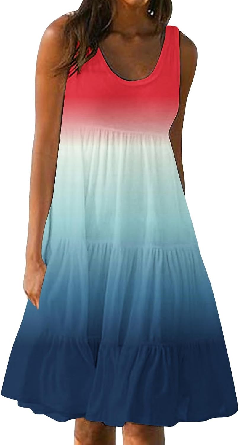 Women Summer Dresses Gradient Sleeveless Midi Dress Tiered Boho Sundress | Flowy Casual Tank Dress Summer Vacation Cute Outfits Lightweight Beach Cloth for Travel Weekend Out Going