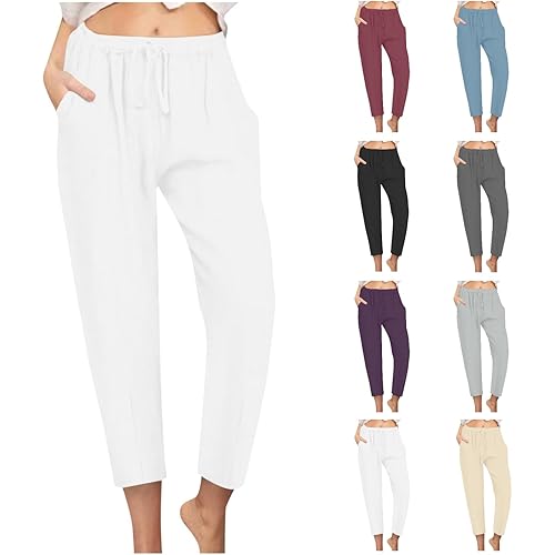 Cotton Linen Pants for Women Trendy Beach Pants Straight Fit Elastic Waisted Drawsting Trousers with Pockets