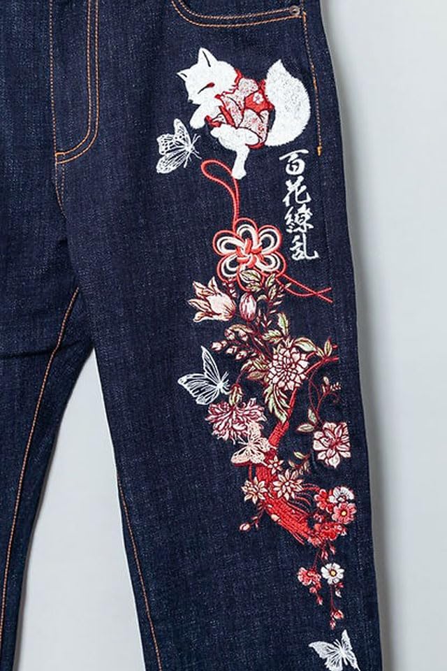 ✨希少✨抜刀娘 豪華 刺繍 ストレートデニム 和柄 3連ポケット ジーンズ 34