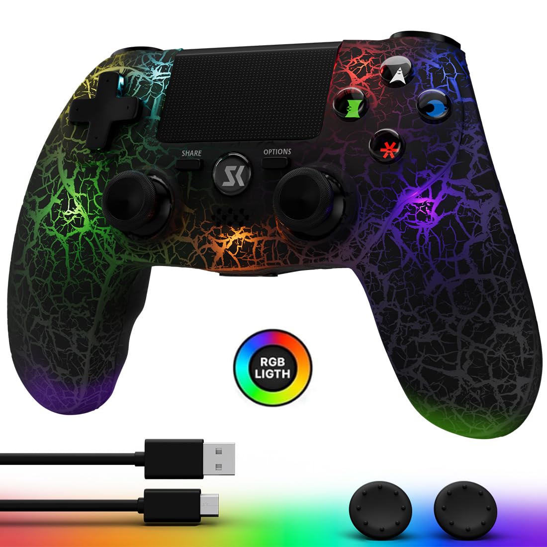 CHENGDAO Controller for PS4, Wireless Controllers for PlayStation 4/Pro/Slim, Remote Control with Adjustable RGB Light/1000mAh Battery/6-Axis Motion Sensor/Double Vibration/3.5mm Audio Jack, Black