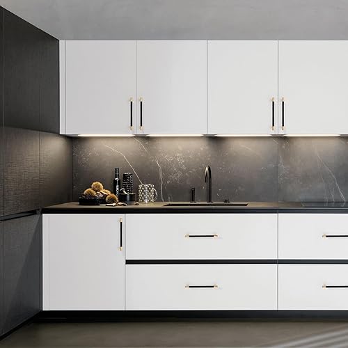 Miniatura 4 de Paquete de 10 manijas de gabinete de cocina de 7 pulgadas (6.969 in), tiradores de gabinete de cocina negro y dorado, tiradores moleteados para