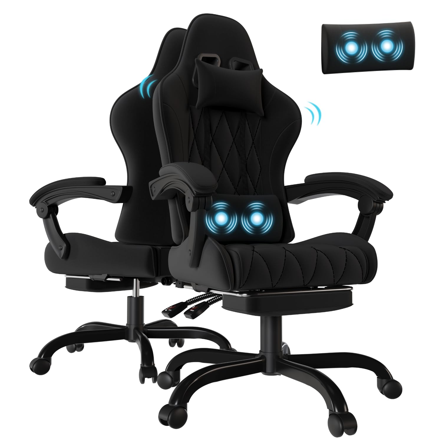 Flamaker Silla Gaming con Masajeador y Reposapiés, Silla de Oficina Ergonómico de Tela con reposabrazos Linkage, Silla de PC con reposacabezas y cojín Lumbar, 360 Grados, Negro