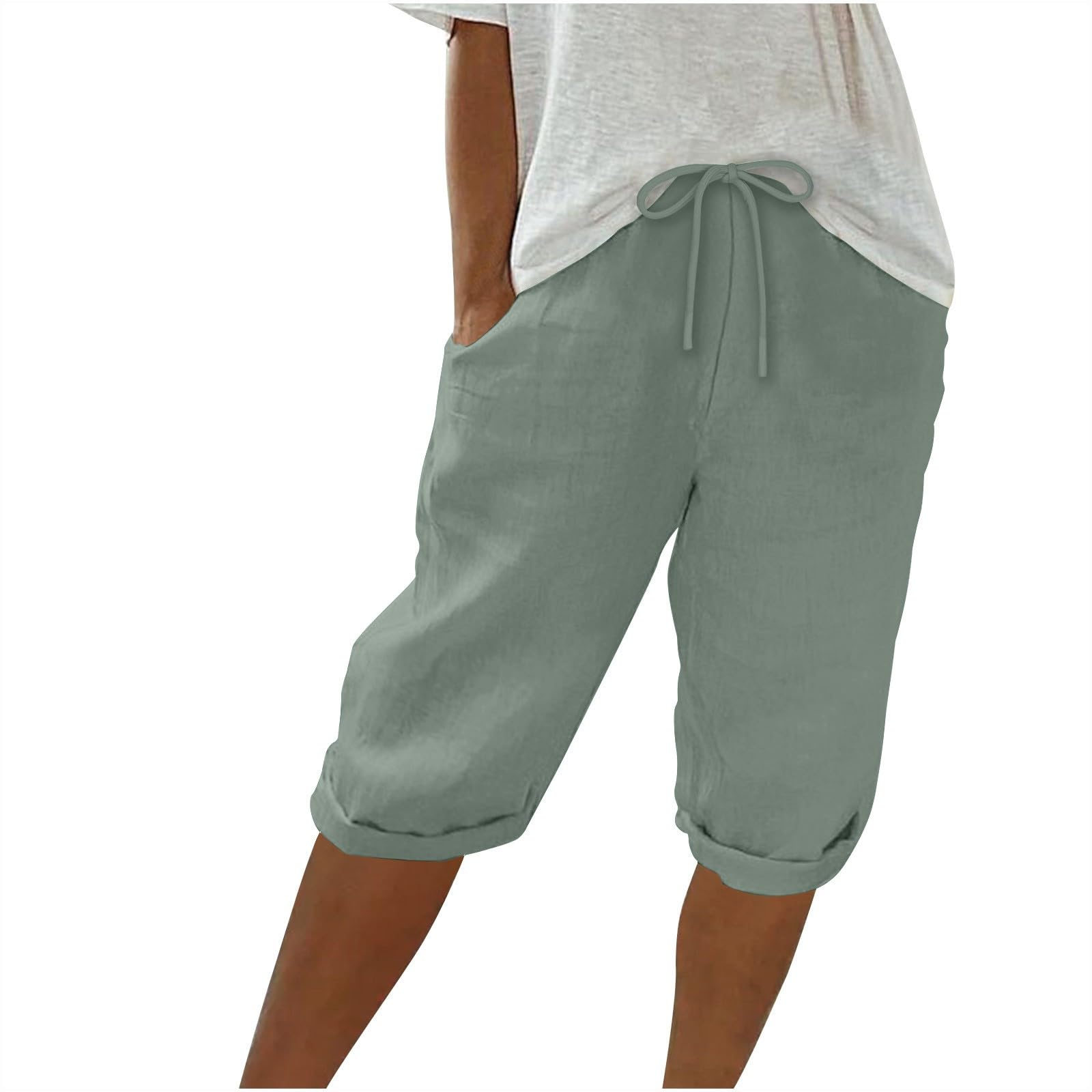 Keepink Linen Shorts for Women UK Elastic Waist Knee Length Summer Shorts Wide Leg Lounge Bermuda Bottom Athletic Short Jogger Bottoms Plus Size Sweat Pants S-3XL Clearance