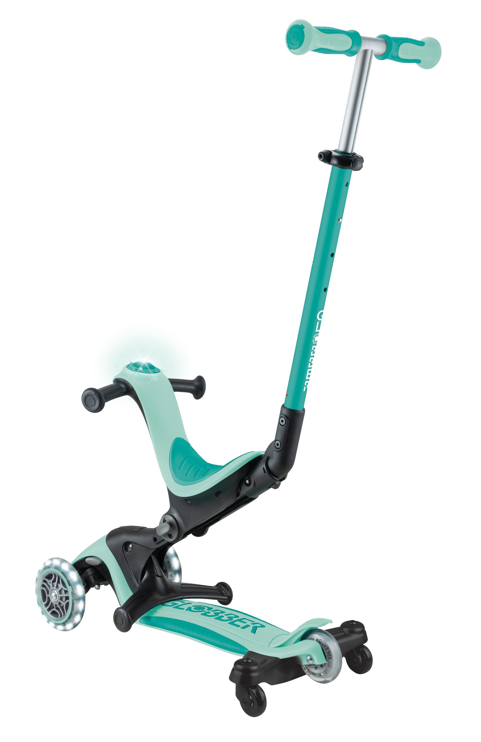 GLOBBER GO-UP Deluxe Lights 360 Roue de siège 3 en 1 avec roues LED, 120/80 mm, réglable, 3 roues, menthe