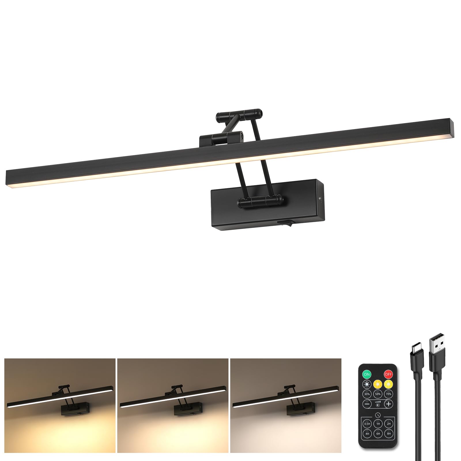 Photo 1 of Pasoar LED Battery Operated Picture Lights with Remote Wireless Art Lighting for Wall 23.6 Inch Rechargeable Painting Black Frame Light Dimmable 3CCT Gallery Light for Library Portrait