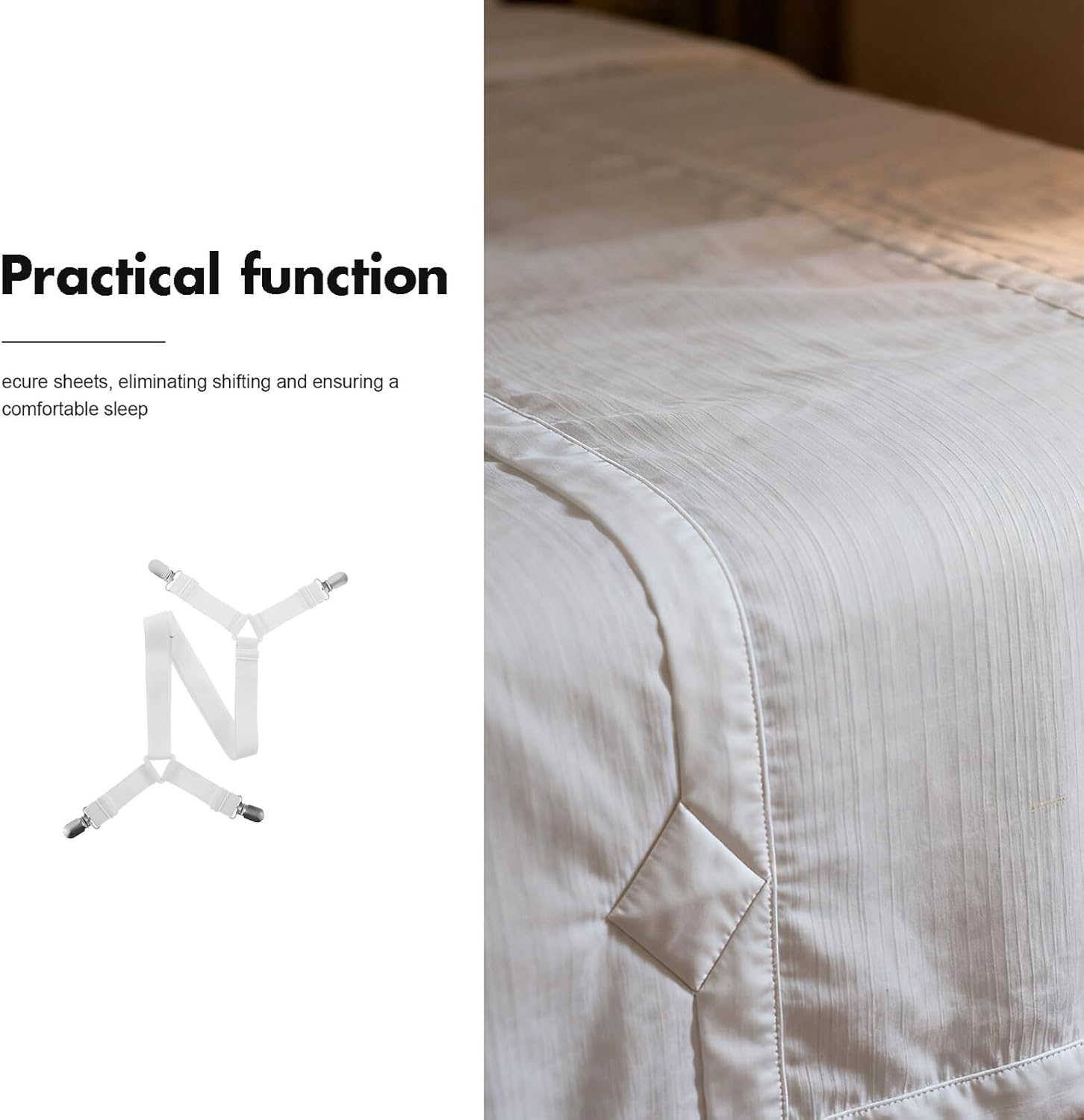 INOOMP Adjustable Bed Sheet Holder Straps with Elastic Bands and Plastic Clips, 4pcs Multi-Clip Fasteners for Mattress Covers, Sofa Cushions, and Fitted Sheets in White