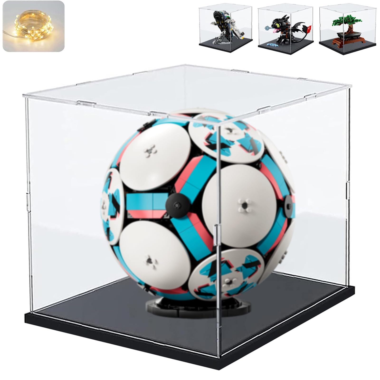 Vitrine Acrylique 3mm pour Collection Lego Ballon Foot 43019 Bonsaï 10281 | Boîte Transparente Plexiglas pour 75403 Grogu 75446 10375 Dragons Krokmou 43307 75433 Figurine LED, Noir Intérieur 25x25x25cm
