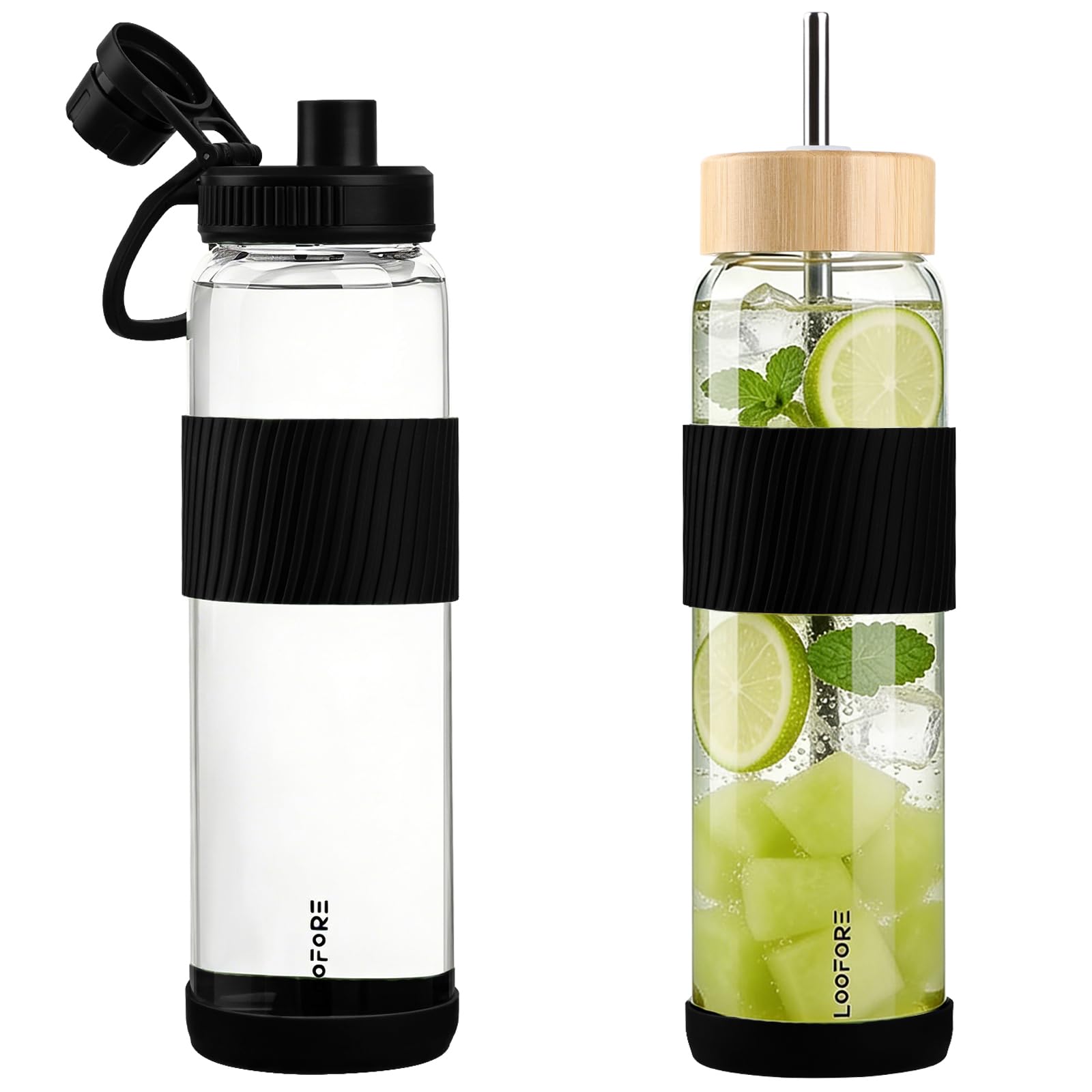 LOOFORE 1L 1000ml Glass Water Bottle with 2 Lids - Flip and Bamboo Straw Lids - Sports Water Tumbler with Handle and Silicone Sleeve Leak-Proof BPA Free for Gym Sports Outdoor, Black