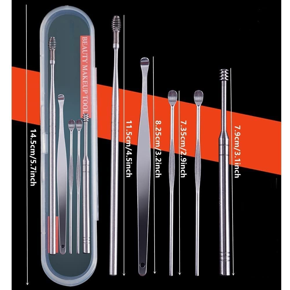 Ear Wax Cleaner – Resuable Ear Cleaner Tool Set with Storage Pack – Ear Wax Remover Tool Kit with Ear Curette Cleaner and Spring Ear Buds Cleaner 6 Pcs Set Silver