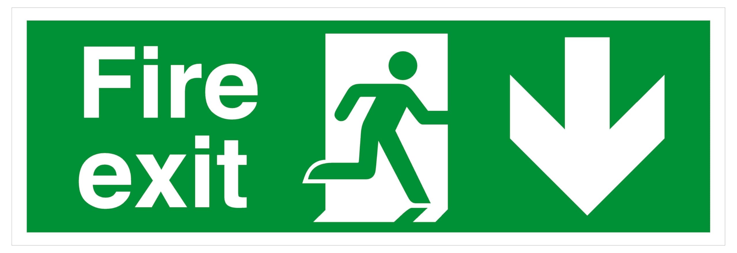 Fire Exit arrow Down - safety sign - 3mm Aluminum Dibond for indoor/outdoor usage (300mm x 100mm) 5m Viewing Distance.