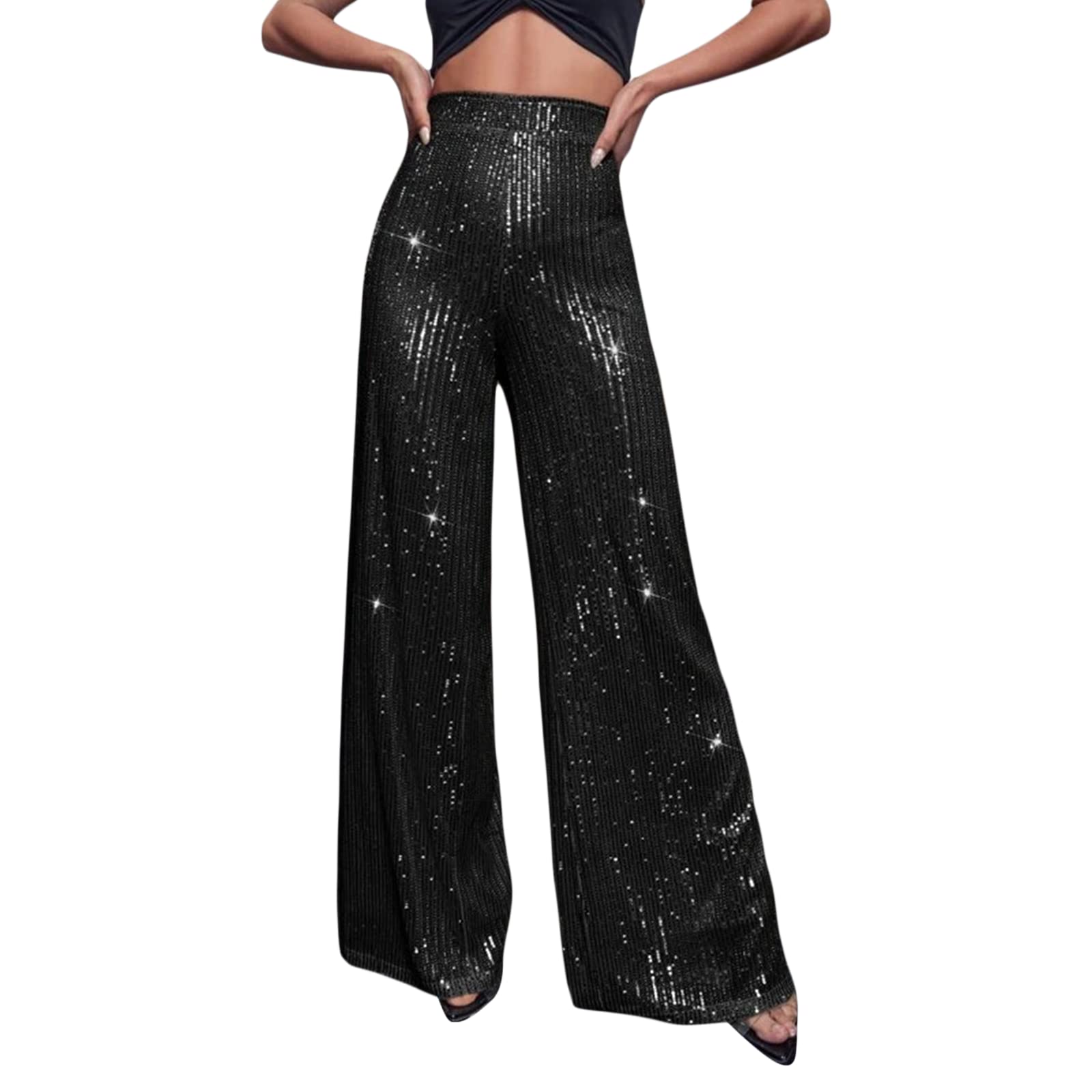 Shownicer Pantaloni Con Paillettes Da Donna A Vita Alta Glitterati Pantaloni Discoteca Scintillii Larghi A Gamba Dritta Clubwear Streetwear Casual Baggy Pantaloni A Argento XS