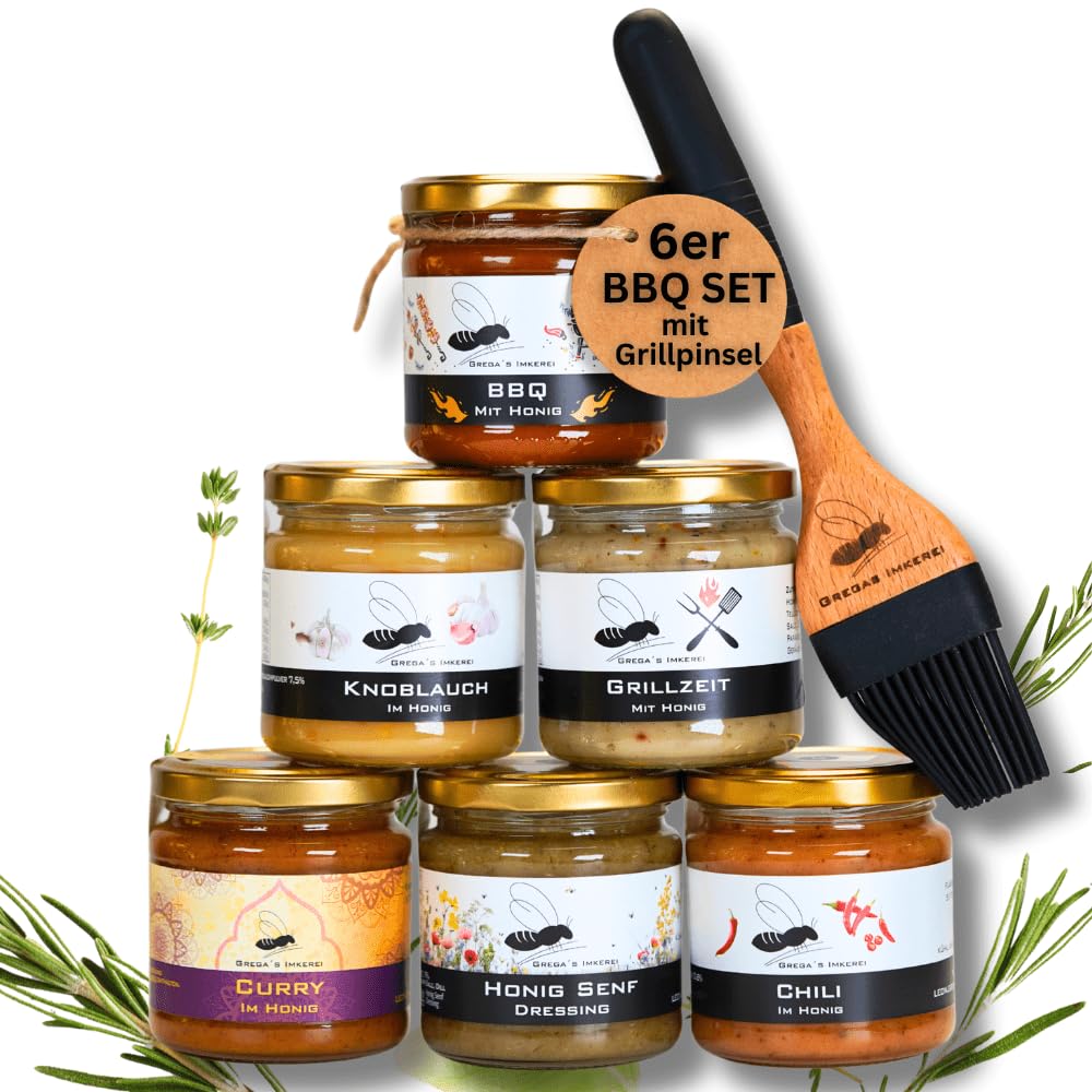 Grega’s BBQ Honig Grillset 6-teilig – BBQ Sauce & Gewürz Honige mit Grillpinsel Geschenk für Männer – Grillen, Marinieren & Verfeinern – Honigsüßes Grillsaucen Geschenkset