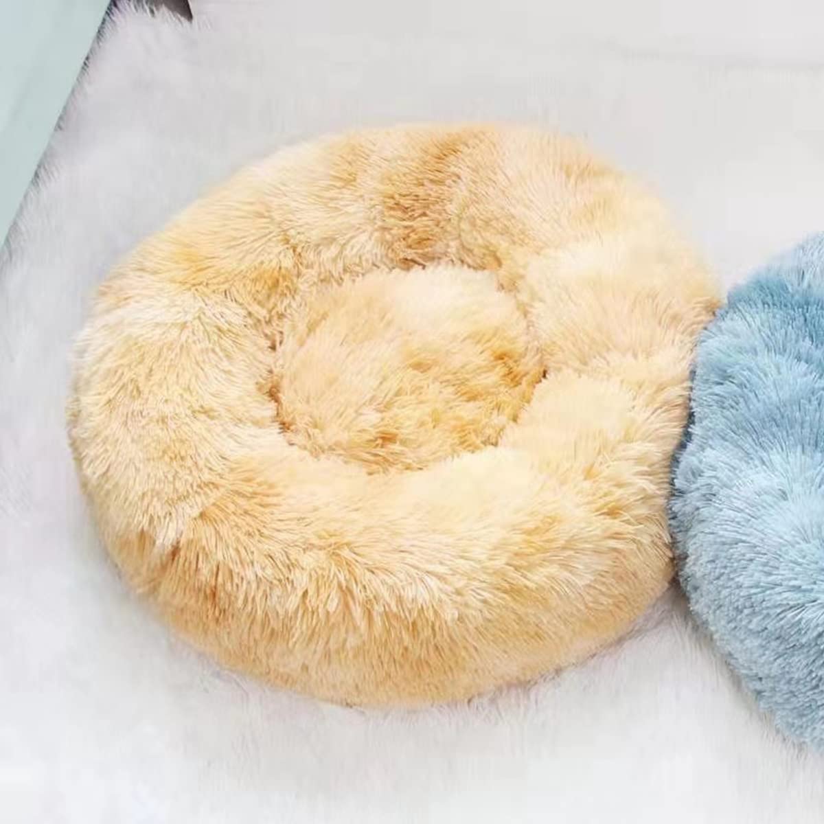 Calming Dog Bed & Cat Bed, Anti-Anxiety Donut Warming Cozy Soft Dog Round Bed, Fluffy Faux Plush Dog Cat Cushion Bed for large Small Medium Dogs and Cats diameter47in