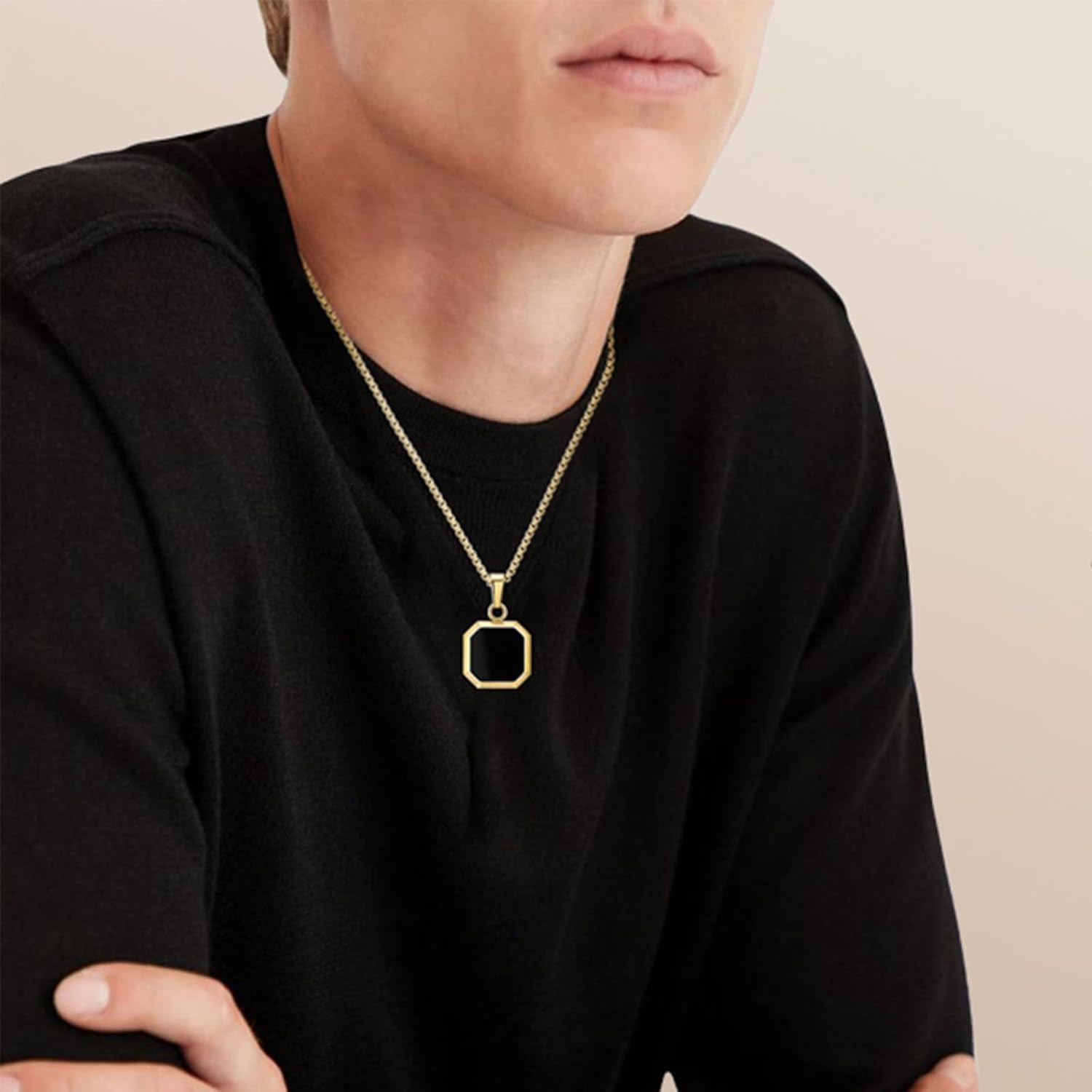 14K Gold Plated Necklace Black Onyx/Opal/Turquoise/Malachite/Lapis Lazuli/Tigers Eye Necklace for Men Women Stainless Steel Square/Rectangle Pendant Necklaces with Box Chain - Image 4