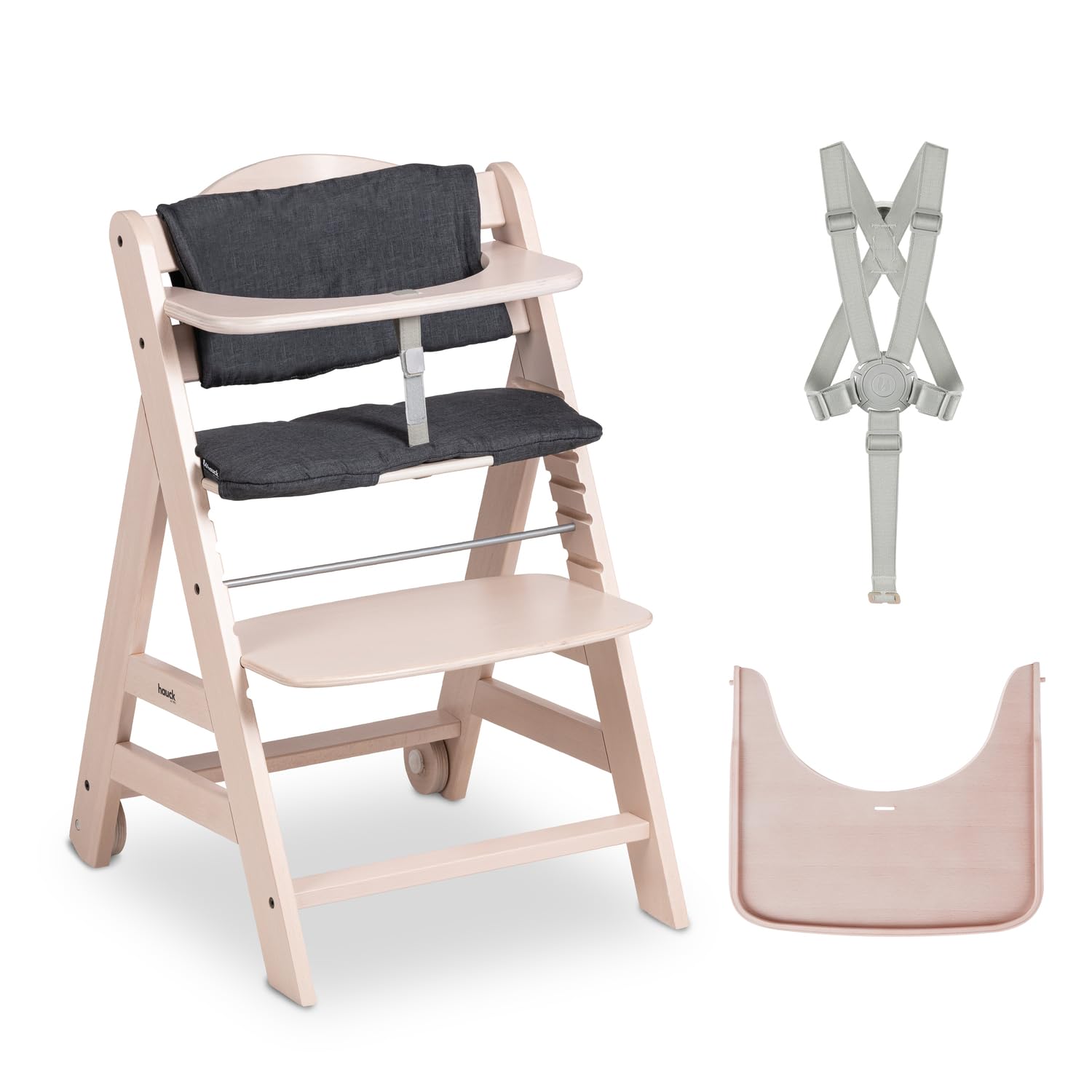 hauck Chaise Haute Bébé Evolutive Beta+ en Bois 6 Mois à 90 kg – Avec Roulettes, Coussin, Plateau Repas, Arceau de Sécurité, Harnais 5 Points et Sangle d'Entrejambe - Bois Blanchi