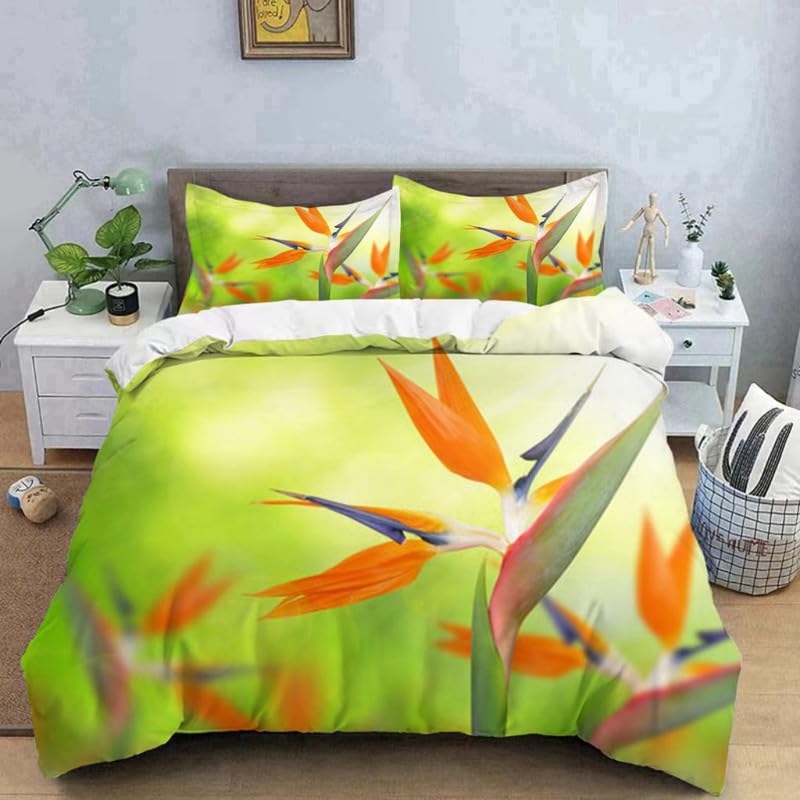 Housse de couette 90x190 parure de lit enfant motif orchidée grue vert clair microfibre 110g/㎡