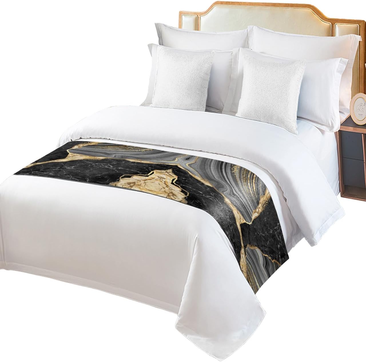 Marble Black Grey Bed Runner Scarf Full Queen Size,Luxury Bed Throw Runners & Scarves for Twin Full Queen King Foot of Bed,Bedroom Wedding Room Decoration,Minimalist Abstract Gold Modern Art 83"x20"