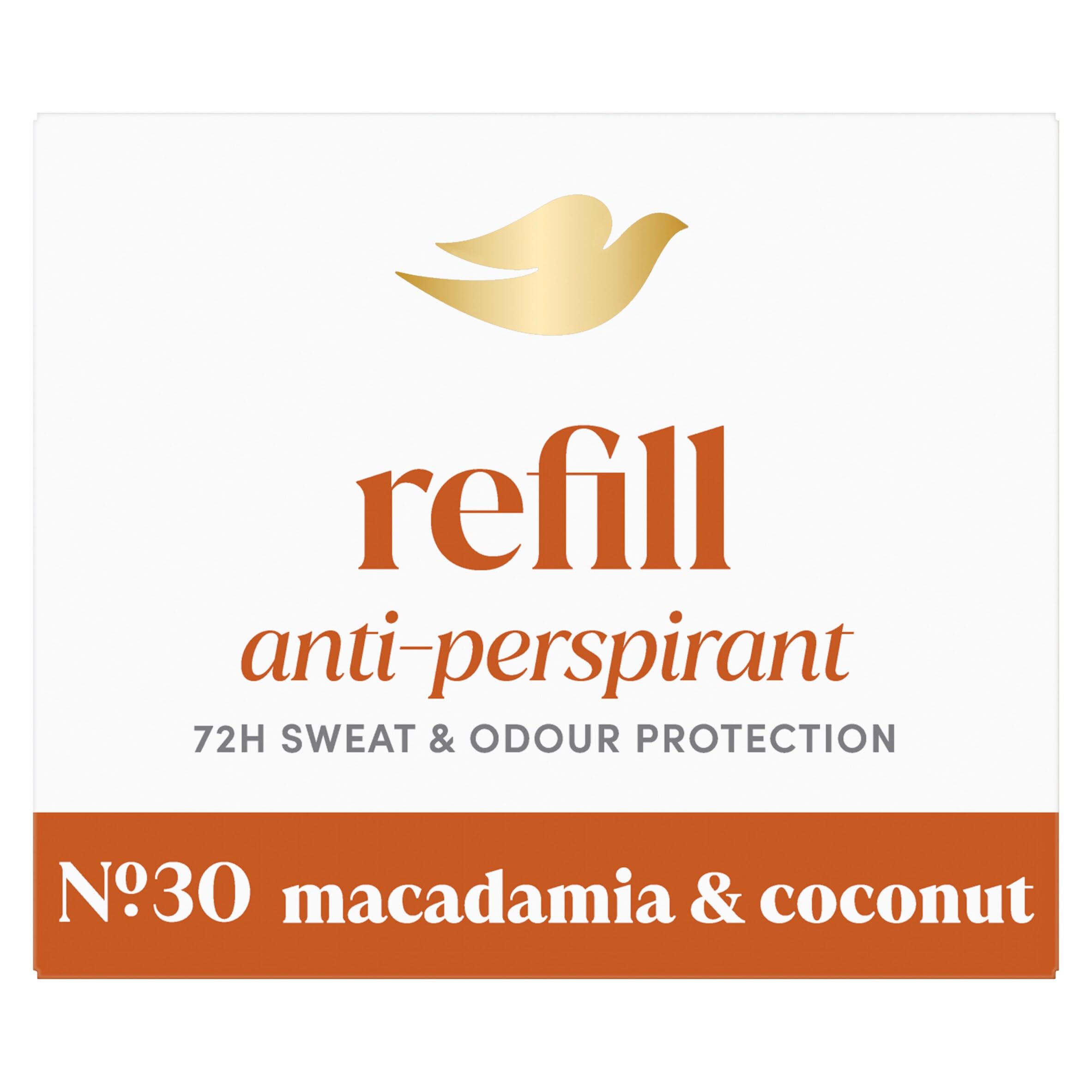 Dove No. 30 Macadamia & Coconut Anti-Perspirant Refill women's antiperspirant stick styled to last with 72h odour protection, with Dove's signature care, dermatologically tested 35 ml
