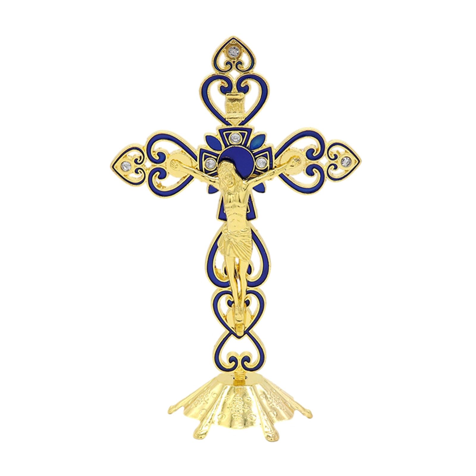 Elnwnnkc Golden Blue Standing Crucifix Figurines On Cross Statues Tabletop Alloy Sculpture For Offices Home Ornament Gift Crucifix Cross Statue