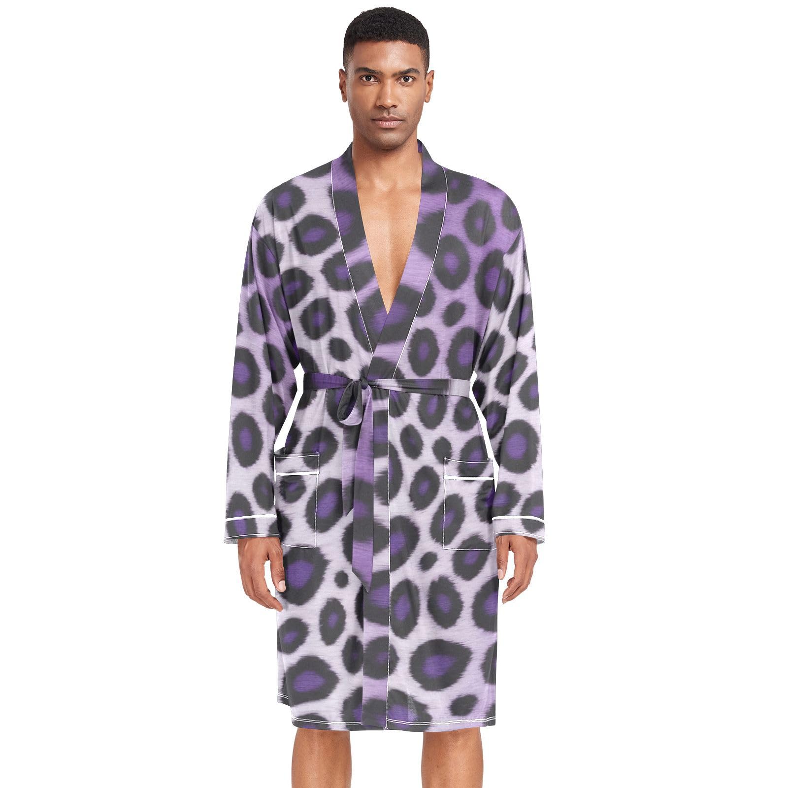 YMGQYJ Men’s Robe Leopard Purple Print, Long Sleeve Lightweight Bathrobe with Belt Pockets M