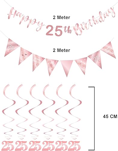 Miniatura 3 de BRT Bearingshui Kit de decoración de cumpleaños número 25 para mujer, pancarta de feliz cumpleaños 25, serpentinas de remolinos, pancarta de bandera