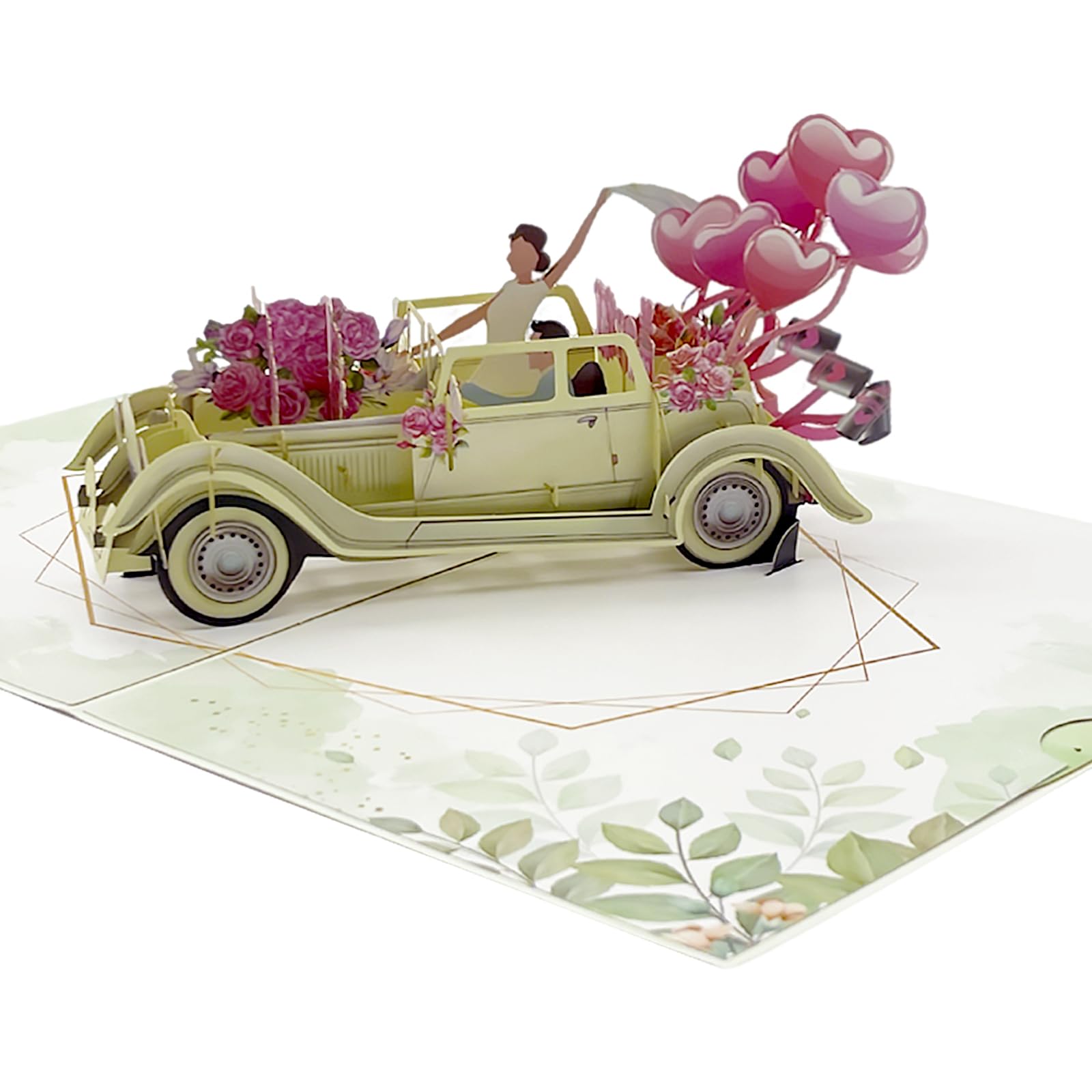 Hochzeitskarte Pop Up, 3D Karte Hochzeit mit Oldtimer und Blumenmotiv, Just Married Karte Hochzeitsauto für Brautpaar, Glückwunschkarte für Valentinstag Verlobung Hochzeit Jahrestag, Geldgeschenk