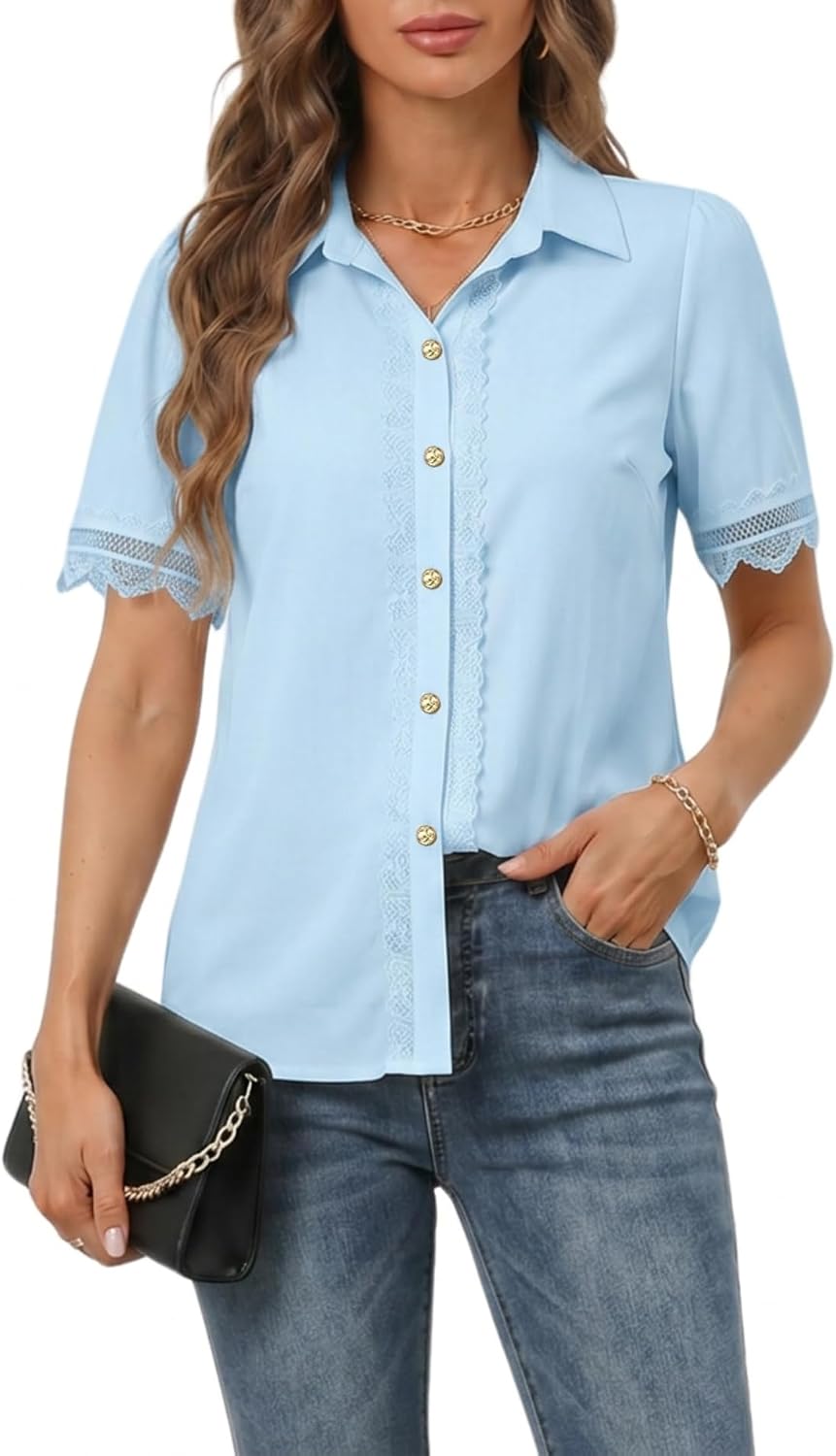 Women Dressy Tops Business Casual Lace Blouse Short Sleeve V Neck Button Down Office Work Shirt