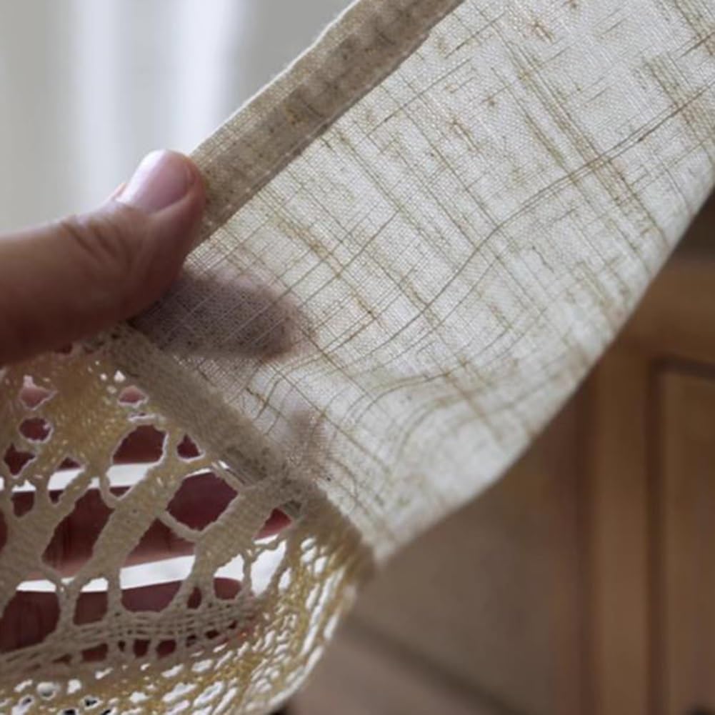 Rustic Boho Curtain Valance with Crochet Lace for Kitchen Bedroom, Rod Pocket Scalloped Edge Tassel Short Curtain