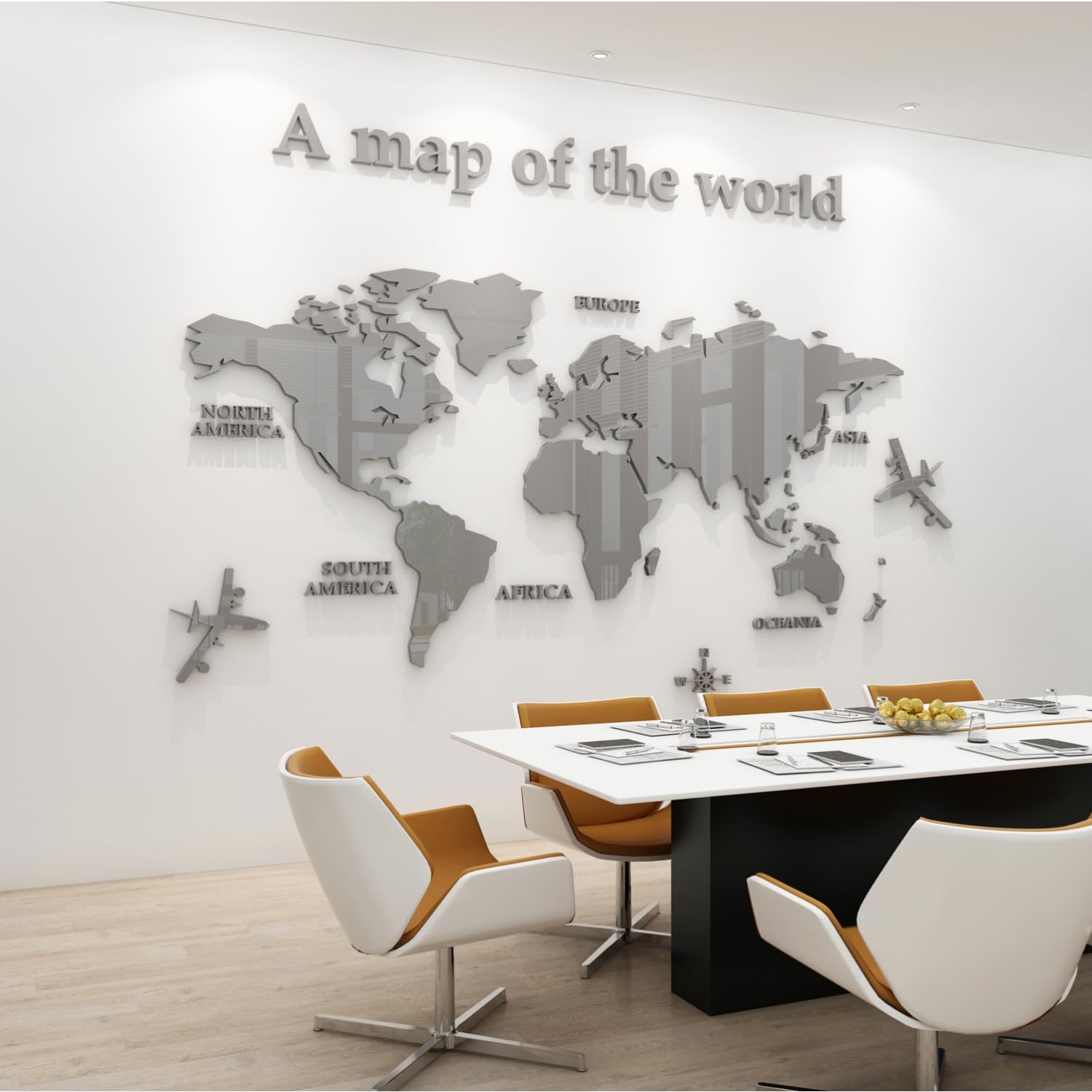 WINDIR Pegatinas de pared de mapa del mundo 3D, murales de decoración, calcomanías de bricolaje gris, 47 x 24 pulgadas, acrílico, decoración de pared de oficina, dormitorio, sala de estar, pared de TV