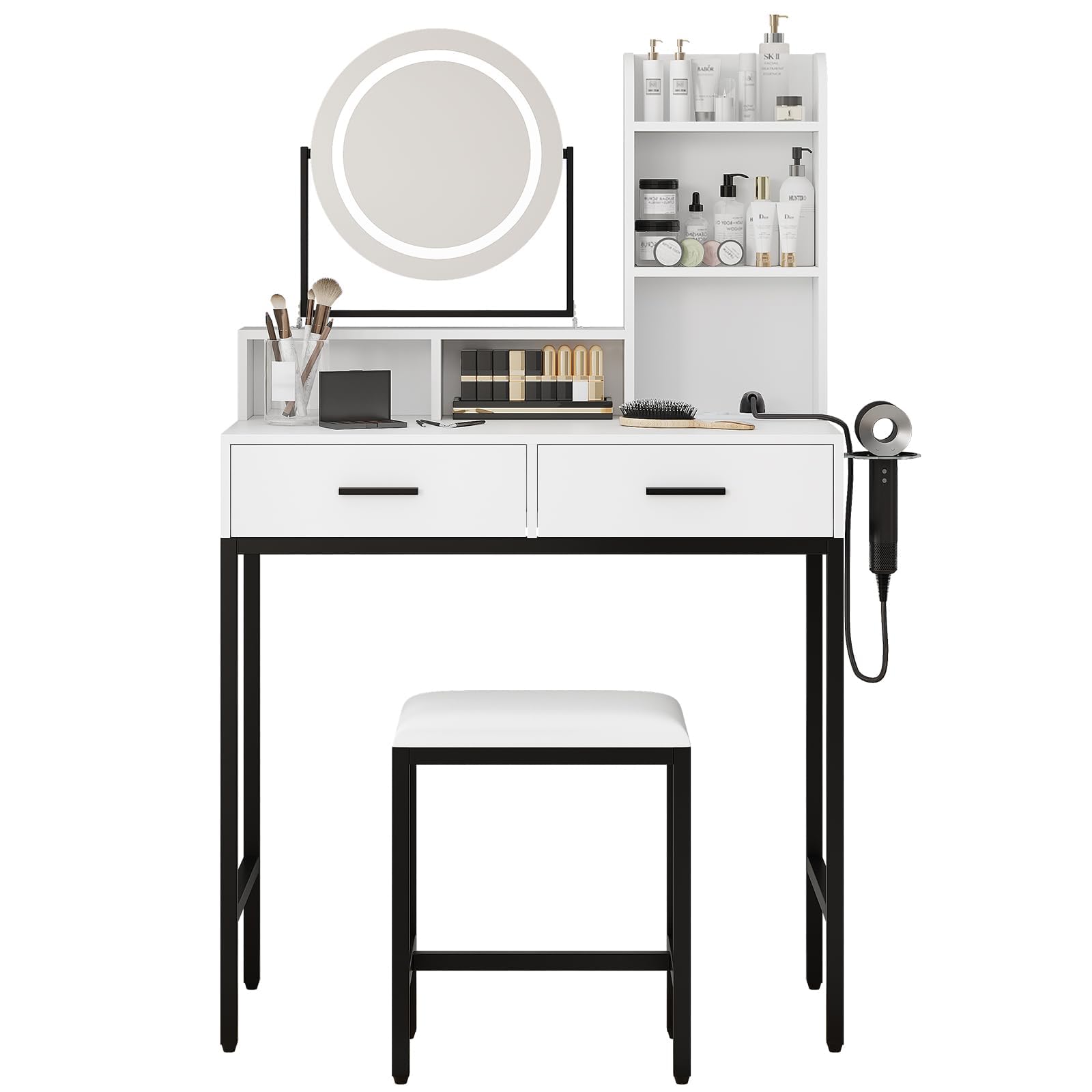 Coiffeuse avec Miroir et Tabouret, Éclairage LED Réglable | 3 Couleurs