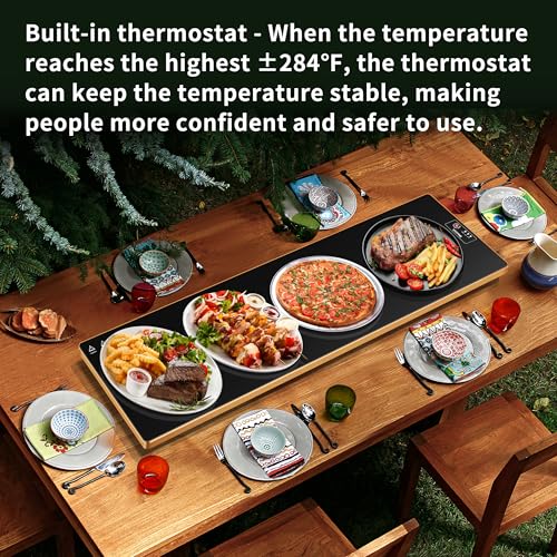 Electric Warming Tray（Extra Long 40”x12”），Food Warmer with Thermostat and Full Surface Heating，Food Warming Mat with 2 Temperature Modes for Parties Buffet，Gatherings，Gold Edge