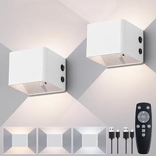 Akku Wandleuchte Innen mit Bewegungssensor,Fernbedienung 3 Farben Wandlicht Up and Down Innen LED Wandleuchte 3 Modi Wiederaufladbare Batteriebetriebene Wandlampen Helligkeit Einstellbar Weiß 2 Stück