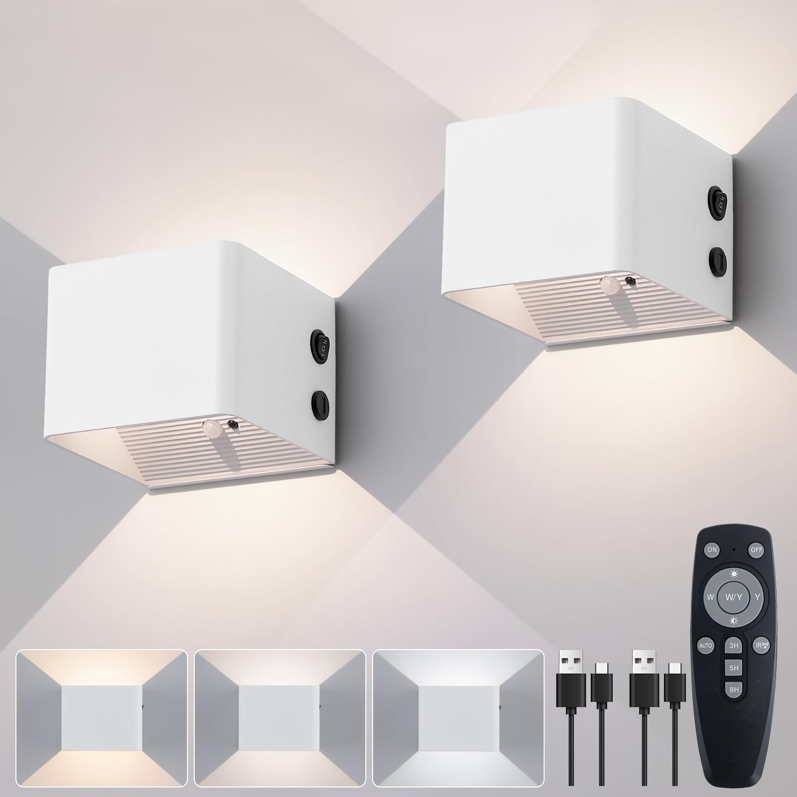 Battery Wall Lamp Indoor with Motion Sensor, Remote Control, 3 Colours, Wall Light, Up and Down Indoor LED Wall Light, 3 Modes, Rechargeable Battery Operated Wall Lights, Brightness, Adjustable, Black