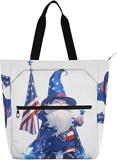 Bolsa de libros para niños, estudiantes, adultos, gnomo de dibujos animados, color blanco, 4 de julio, Día de la Independencia, resistente, bolsa de hombro con cremallera para la escuela y el