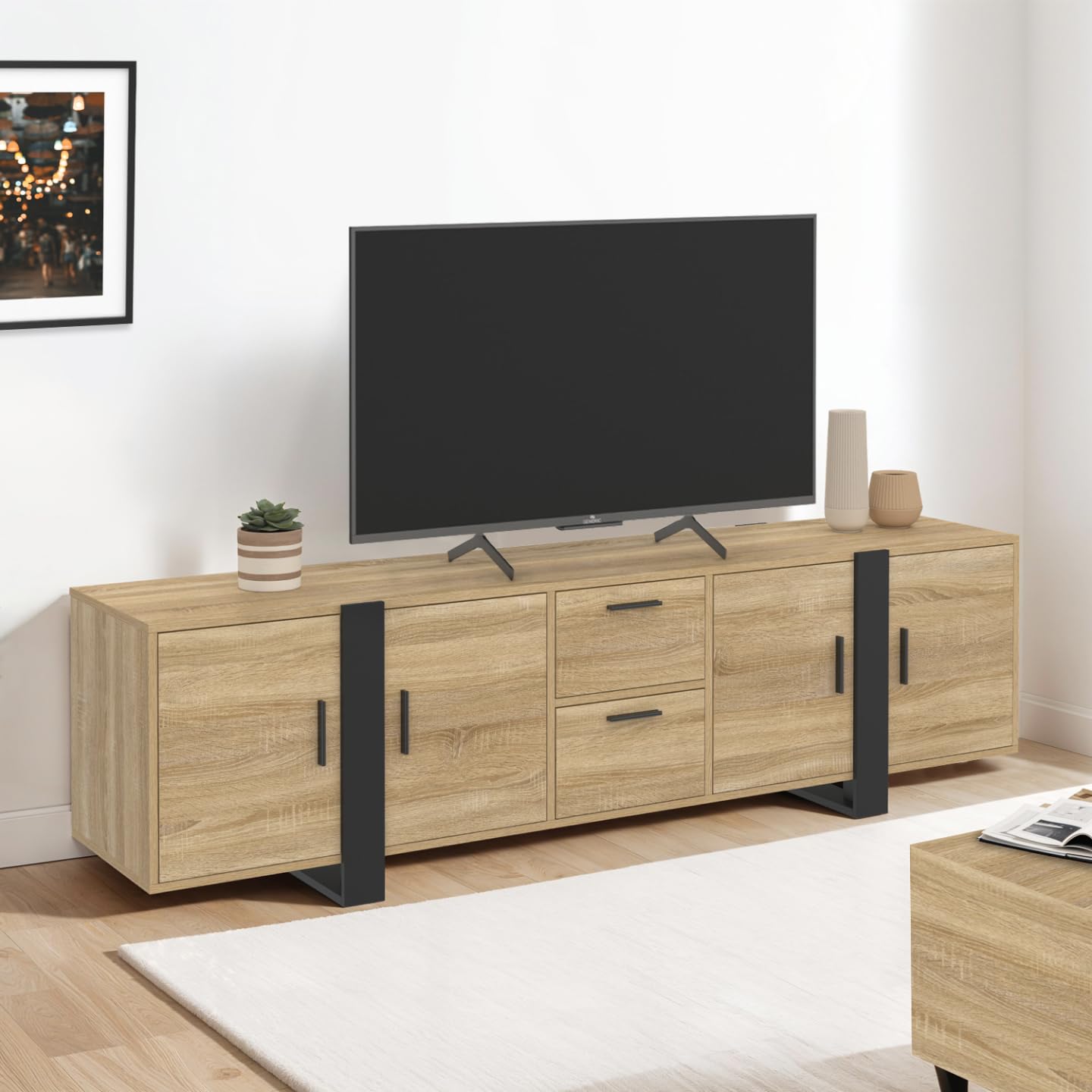 IDMarket - Meuble TV 180 cm Phoenix avec rangements Bois et Noir