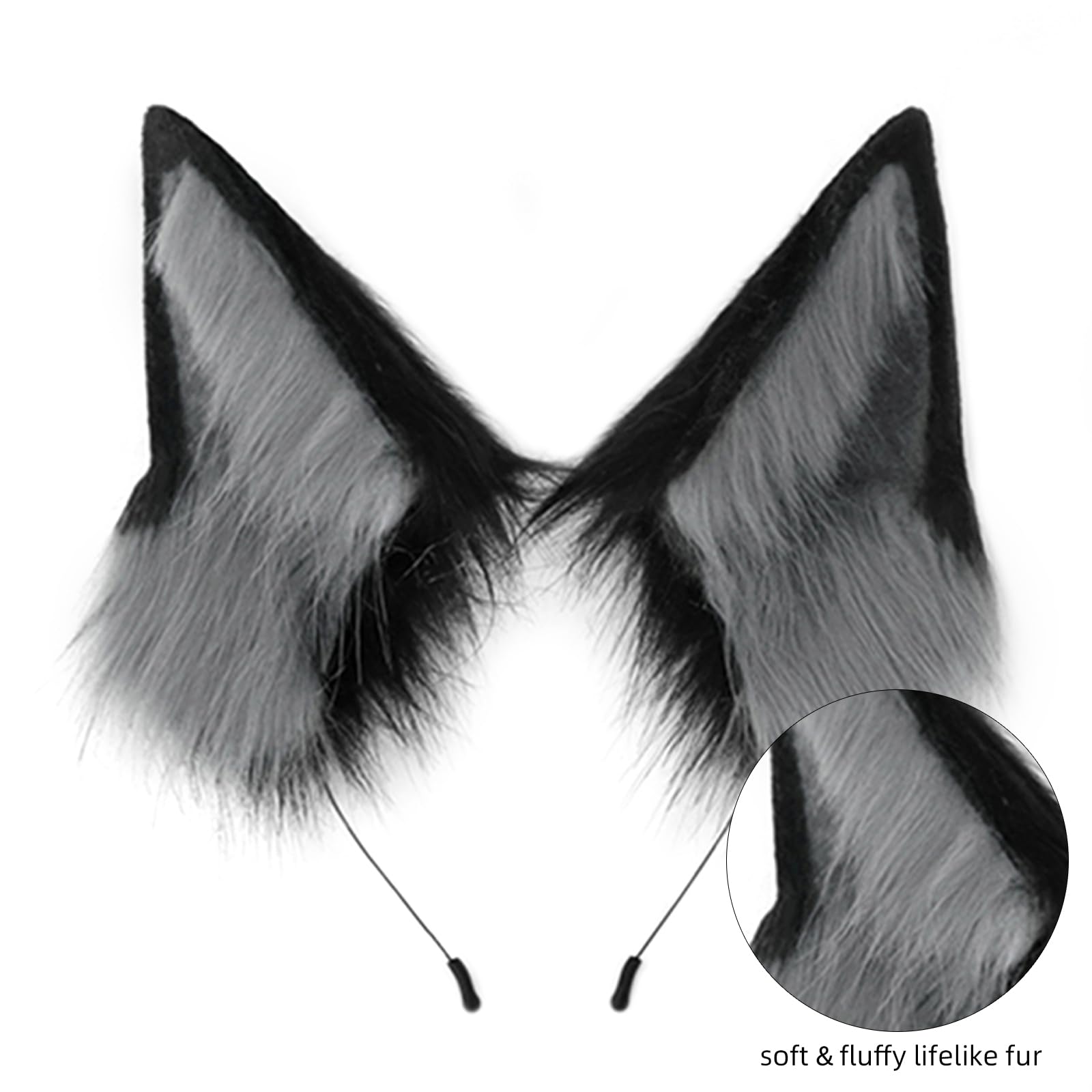 Faux Fur Wolf Ears Headband & Furry Tail Set Realistic Wolf Costume Accessories for Halloween, Cosplay,Parties: Medium Grayblack
