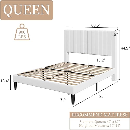 Miniatura 2 de Base de cama tamaño Queen tapizada en terciopelo con estación de carga, soporte de listones de madera, base de colchón, somier opcional, color blanco