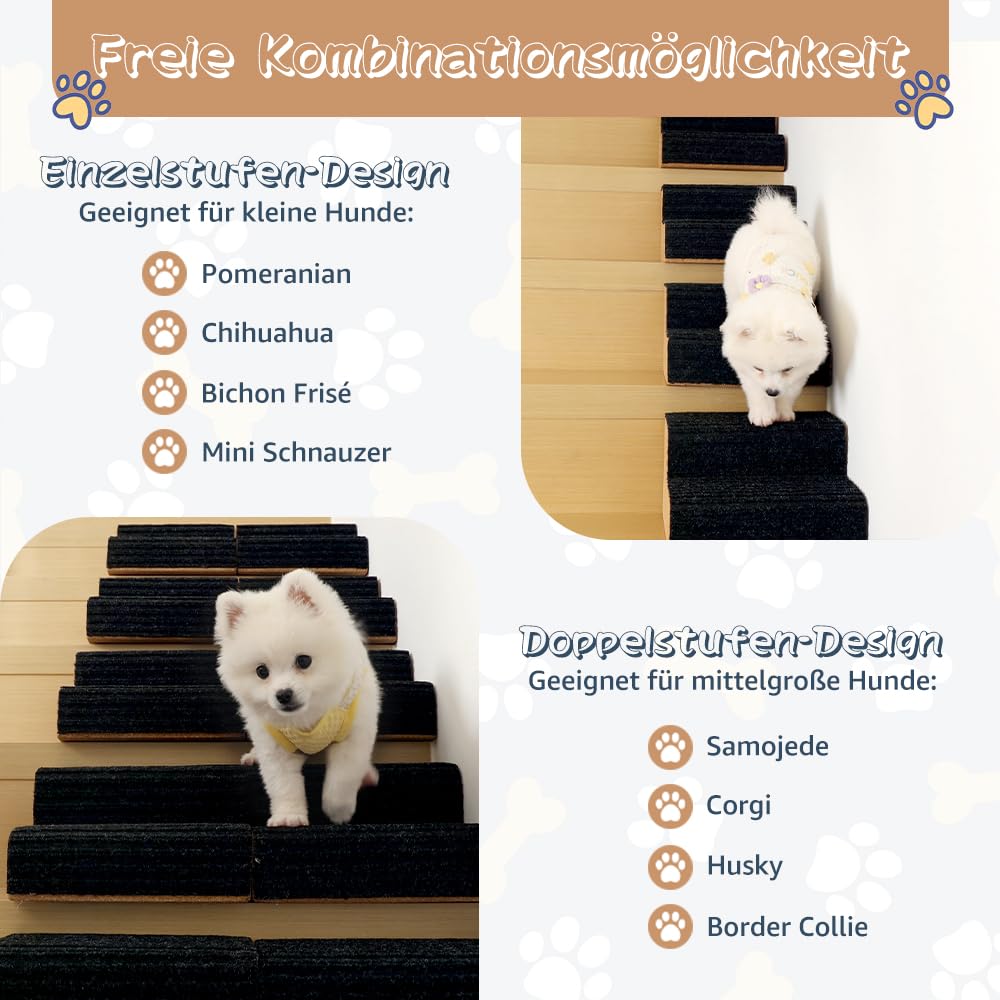 SMONTER Hundetreppe 2 Stufen für kleine Hunde, Haustiertreppe aus Holz mit 2 Silikonstreifen für sicheren Halt, Hundetreppe für Haustreppe hohe Betten & Couch (25x24x15 cm) 4 Stück