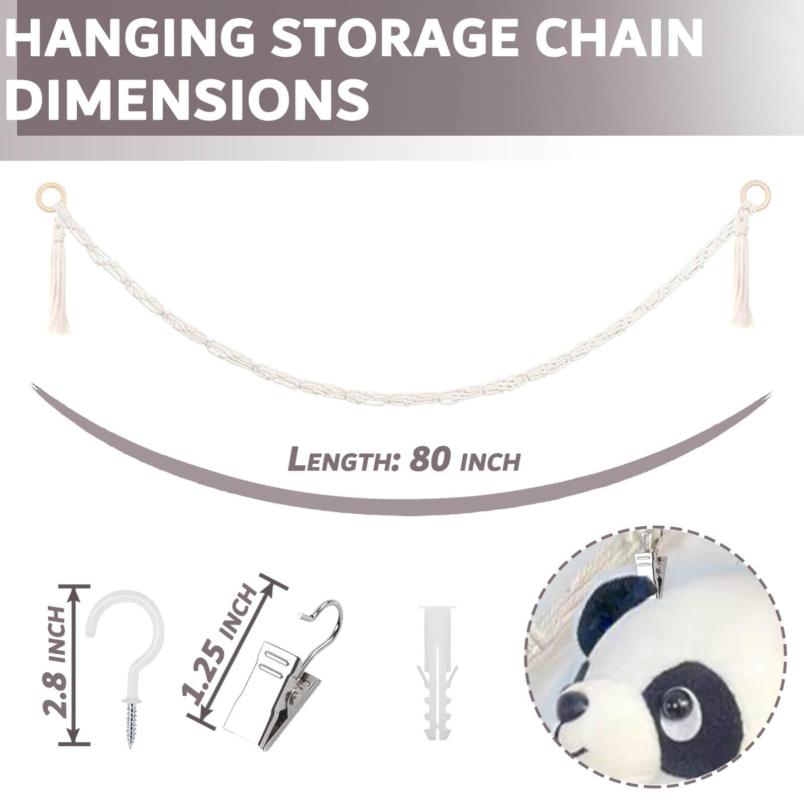 2Pcs Stuffed Animal Storage Chain, Hanging Stuff Animal Organizer, Stuffed Animal Storage Holder with 40 Metal Clips, for Boho Bedroom Decor, Room Decor, Room Organization