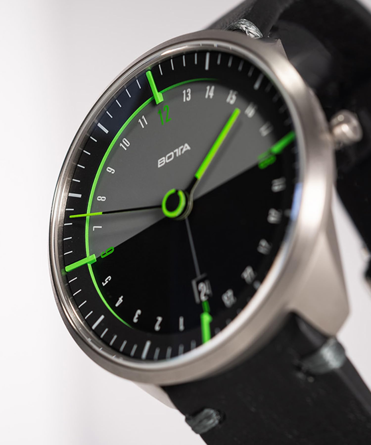 botta Męski zegarek 24-godzinny szwajcarski mechanizm kwarcowy ze skórzanym paskiem TRES 24 (40 mm, czarny/zielony), czarny/zielony, Pasek