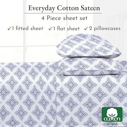 Image of California Design Den Queen Bed Sheet Set, 100% Cotton Sateen Printed Pattern, Deep Pocket Queen Sheets & Pillowcase Set - Filigree