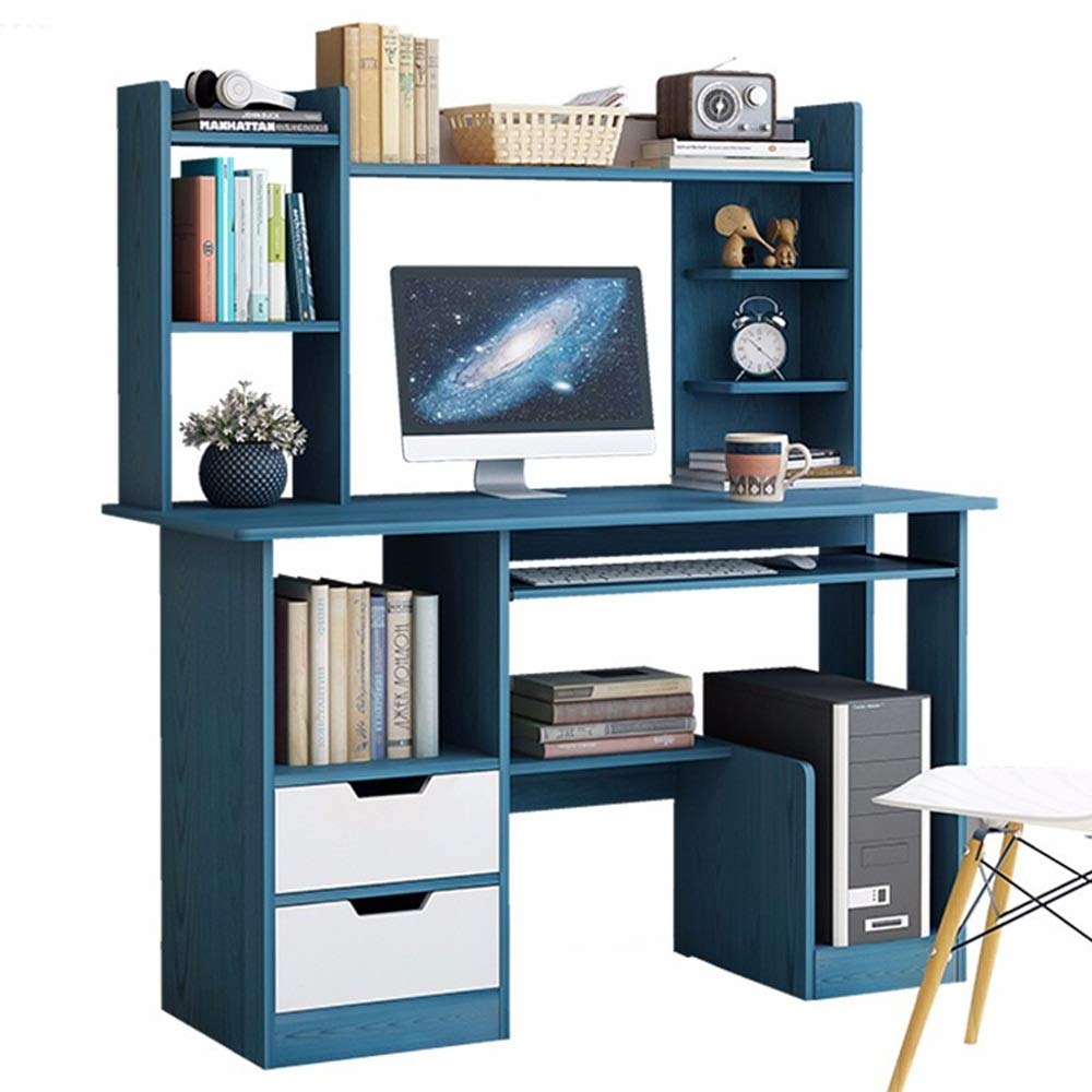 Bedroom Desks Modern Computer Desk with Drawer Shelf Office Desk Workstation Study Writing Table Wooden Laptop Gaming Desk for Home Study Room (Color : Blue, Size : 132x45x67cm)