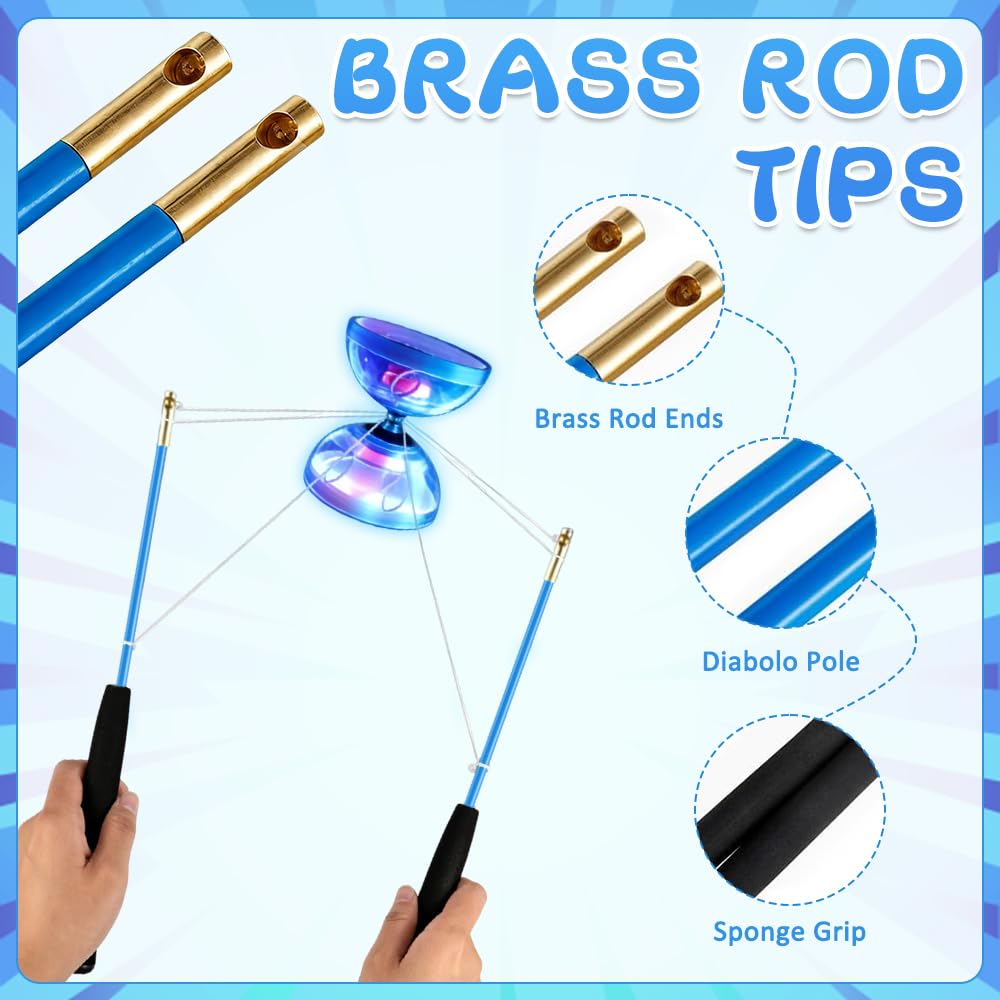 Diabolo con Cuscinetti a Sfera, Giocoliere Set con Luce a LED e Aste, Giocoliere in Gomma Morbida Trasparente con Corda di Ricambio e Tasca a Rete, Sport Ricreativi per Principianti, Blu