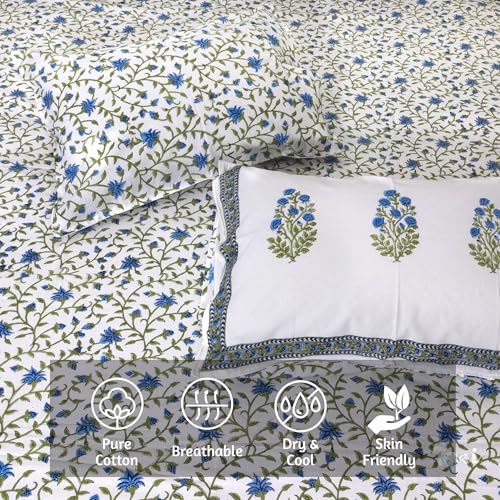 Image of TOAI Bedsheet for Double Bed King Size 108 inch x 108 inch |100% Pure Cotton 210TC | Hand Block Printed Jaipuri Bedsheet | 2 Reversible Pillow Covers 18 inchx27 inch |White Blue Florals