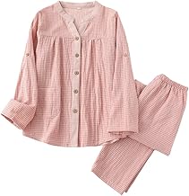 [TDIOSN] パジャマ レディース ルームウェア 上下セット ガーゼ 綿100% 長袖 前開き 柔らか 通気速乾 シンプル プレゼント 春夏秋